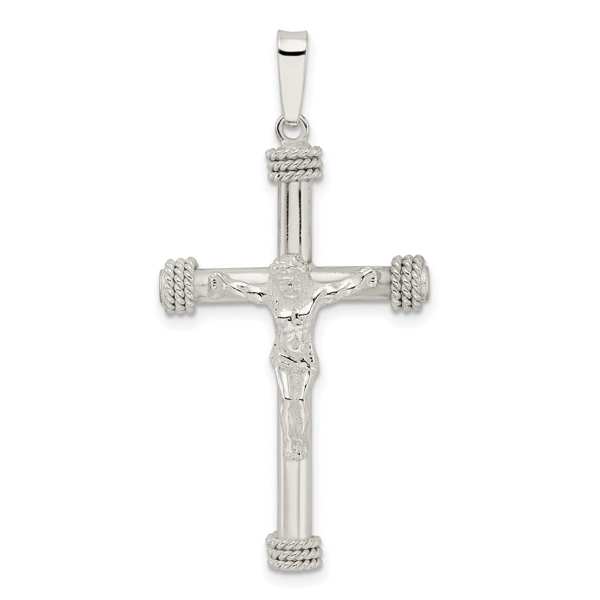 Sterling Silver Crucifix Pendant with Rope Detailing and Textured Ends for Men and Women