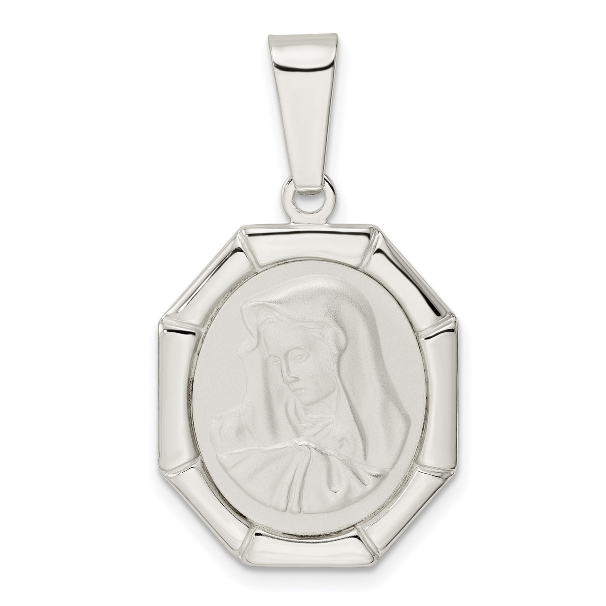 Sterling Silver Virgin Mary Pendant, Catholic Religious Medal with Prayer Detail