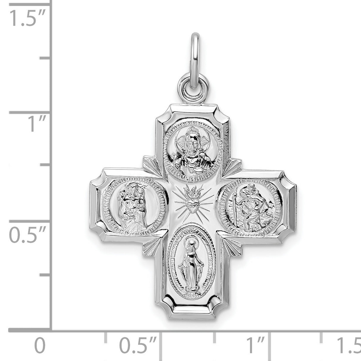 Sterling Silver Four-Way Cross Pendant with Sacred Heart, St Joseph, St Christopher, Miraculous Medal