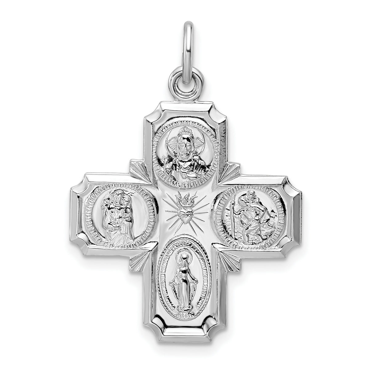 Sterling Silver Four-Way Cross Pendant with Sacred Heart, St Joseph, St Christopher, Miraculous Medal