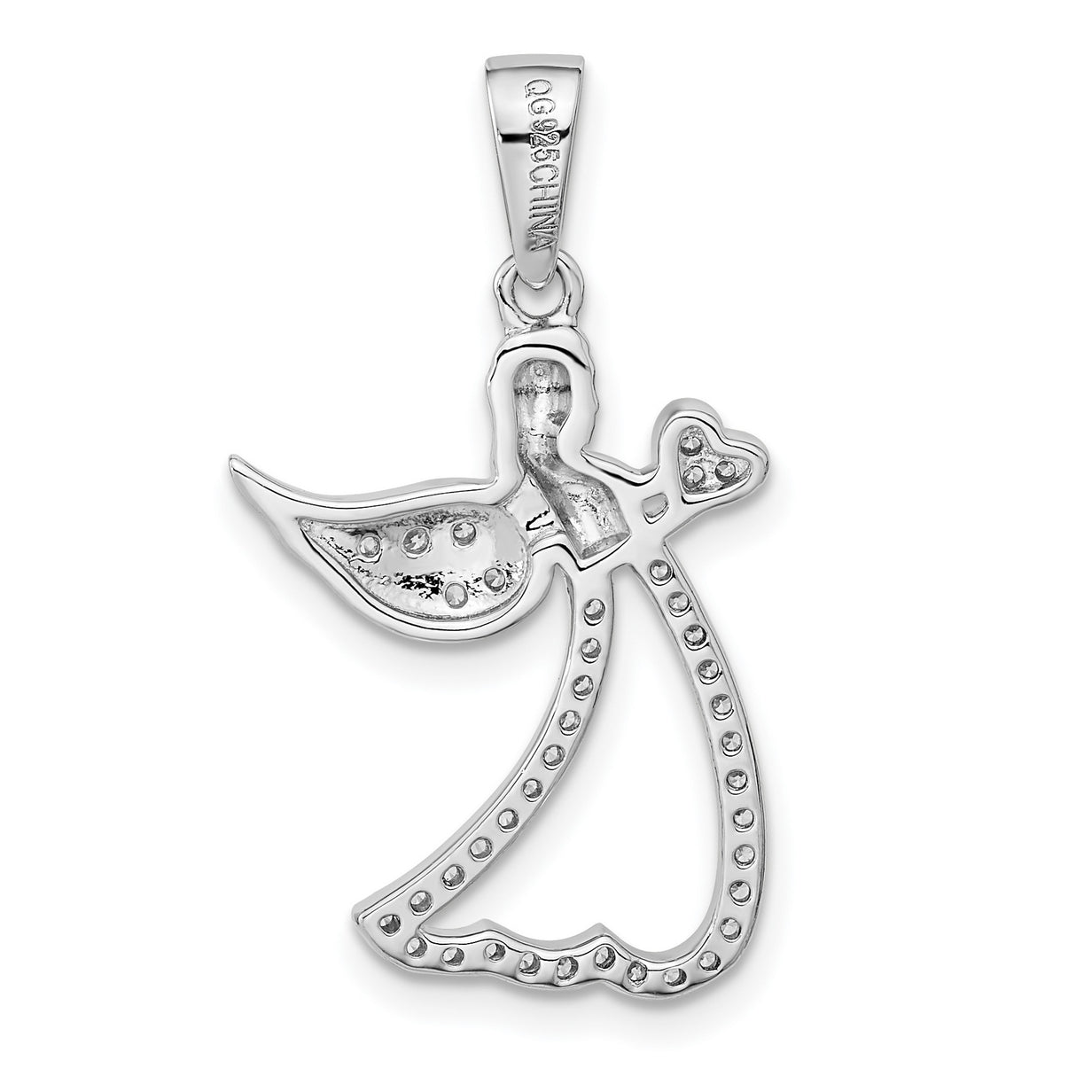 Sterling Silver Angel Pendant with Heart and Cubic Zirconia, Spiritual Christian Jewelry