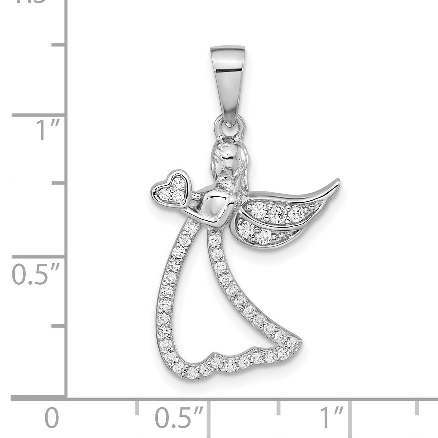 Sterling Silver Angel Pendant with Heart and Cubic Zirconia, Spiritual Christian Jewelry