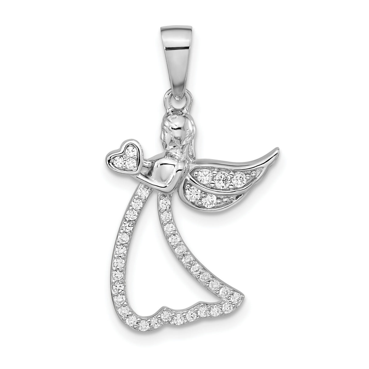 Sterling Silver Angel Pendant with Heart and Cubic Zirconia, Spiritual Christian Jewelry
