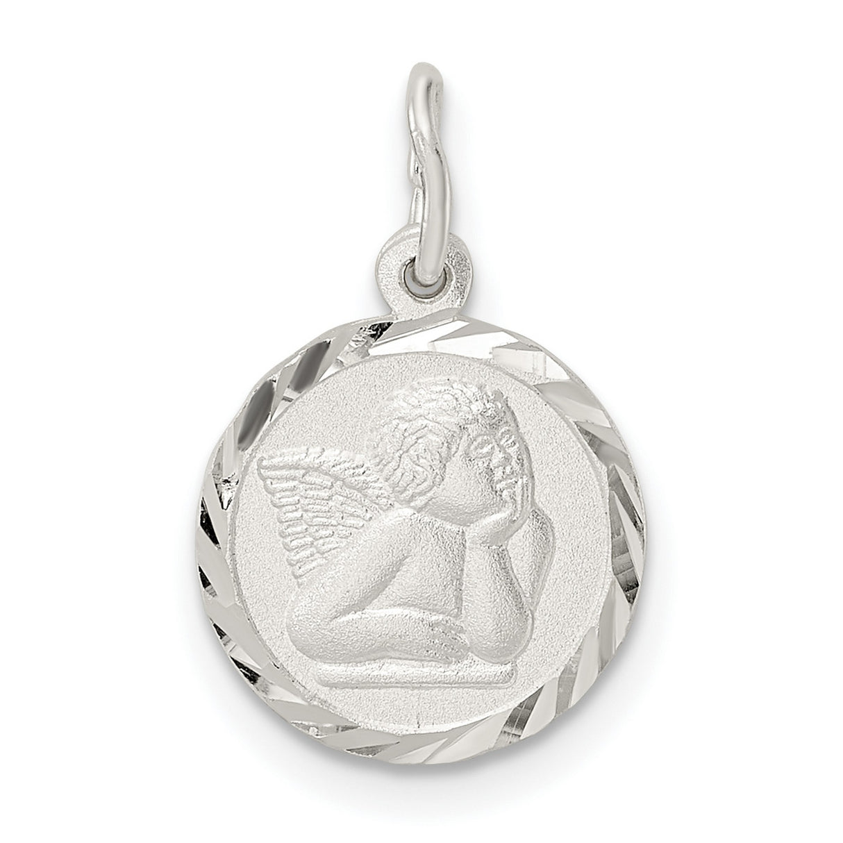 Sterling Silver Angel Pendant with Winged Cherub Engraving, Christian Faith Medal Charm