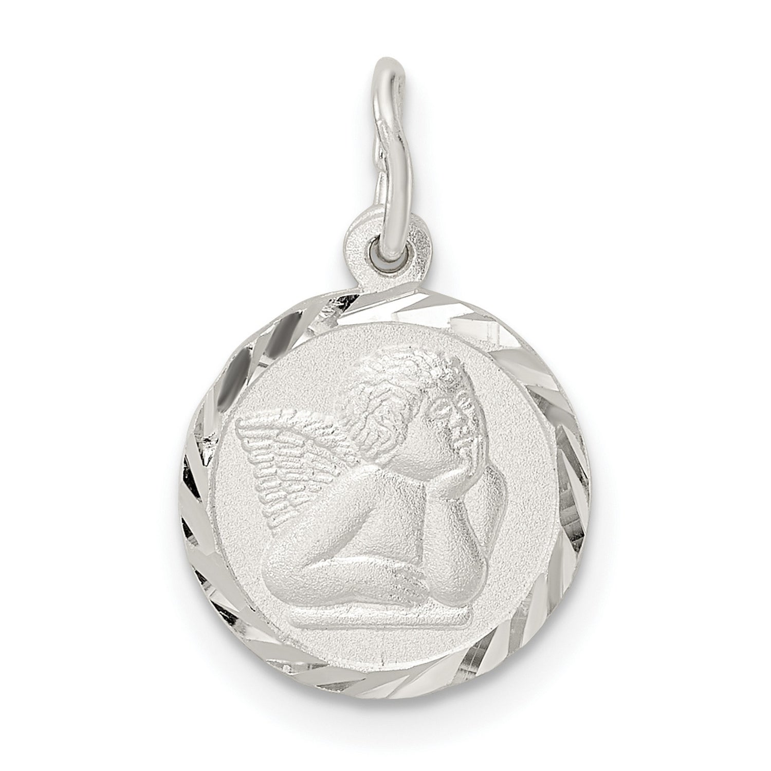 Sterling Silver Angel Pendant with Winged Cherub Engraving, Christian Faith Medal Charm