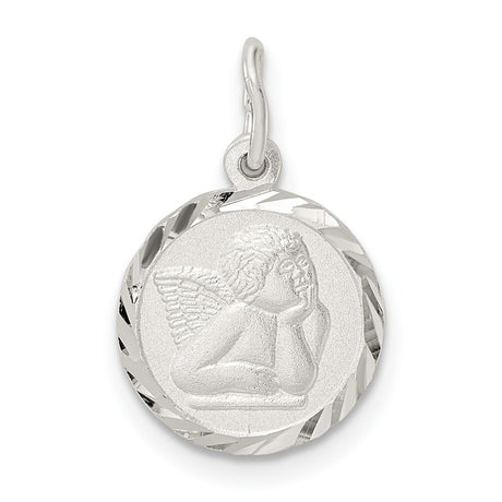 Sterling Silver Angel Pendant with Winged Cherub Engraving, Christian Faith Medal Charm