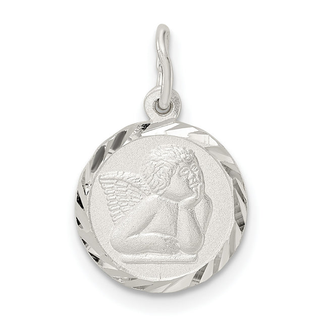 Sterling Silver Angel Pendant with Winged Cherub Engraving, Christian Faith Medal Charm