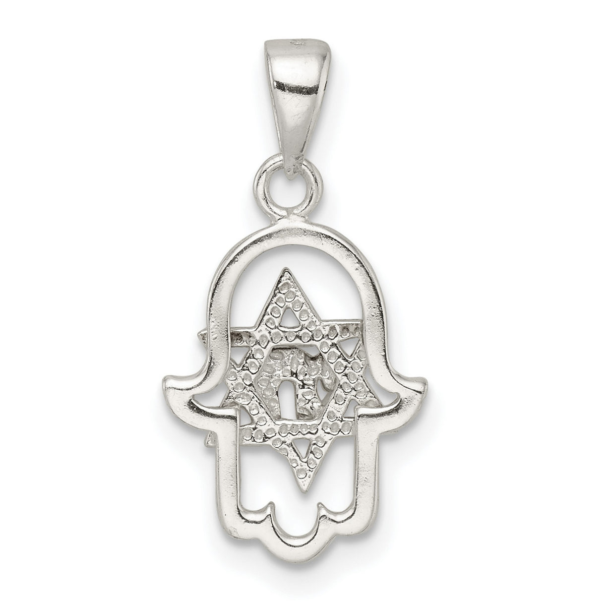 Sterling Silver Hamsa Pendant with Star of David and Chai Symbol, Jewish Religious Charm