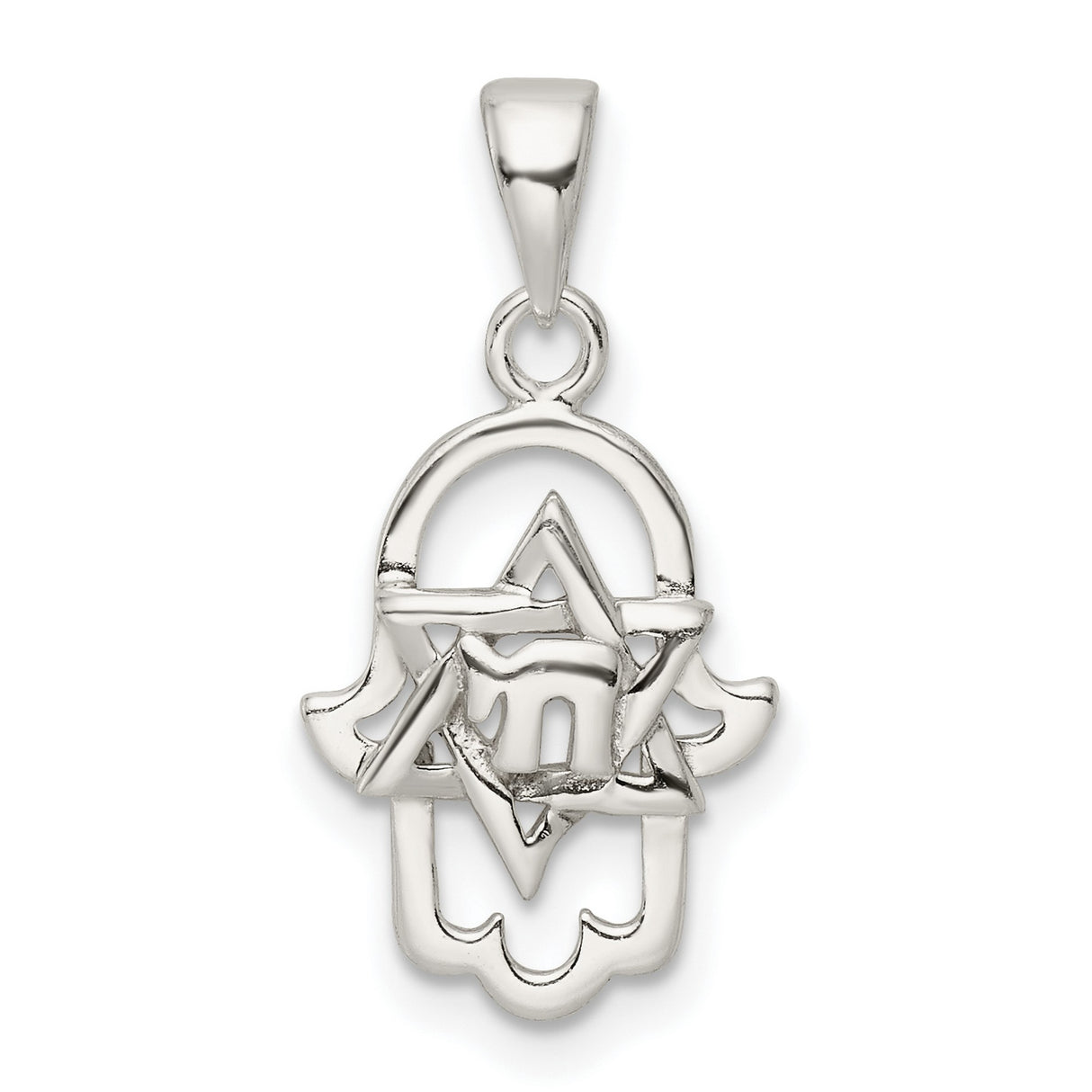 Sterling Silver Hamsa Pendant with Star of David and Chai Symbol, Jewish Religious Charm