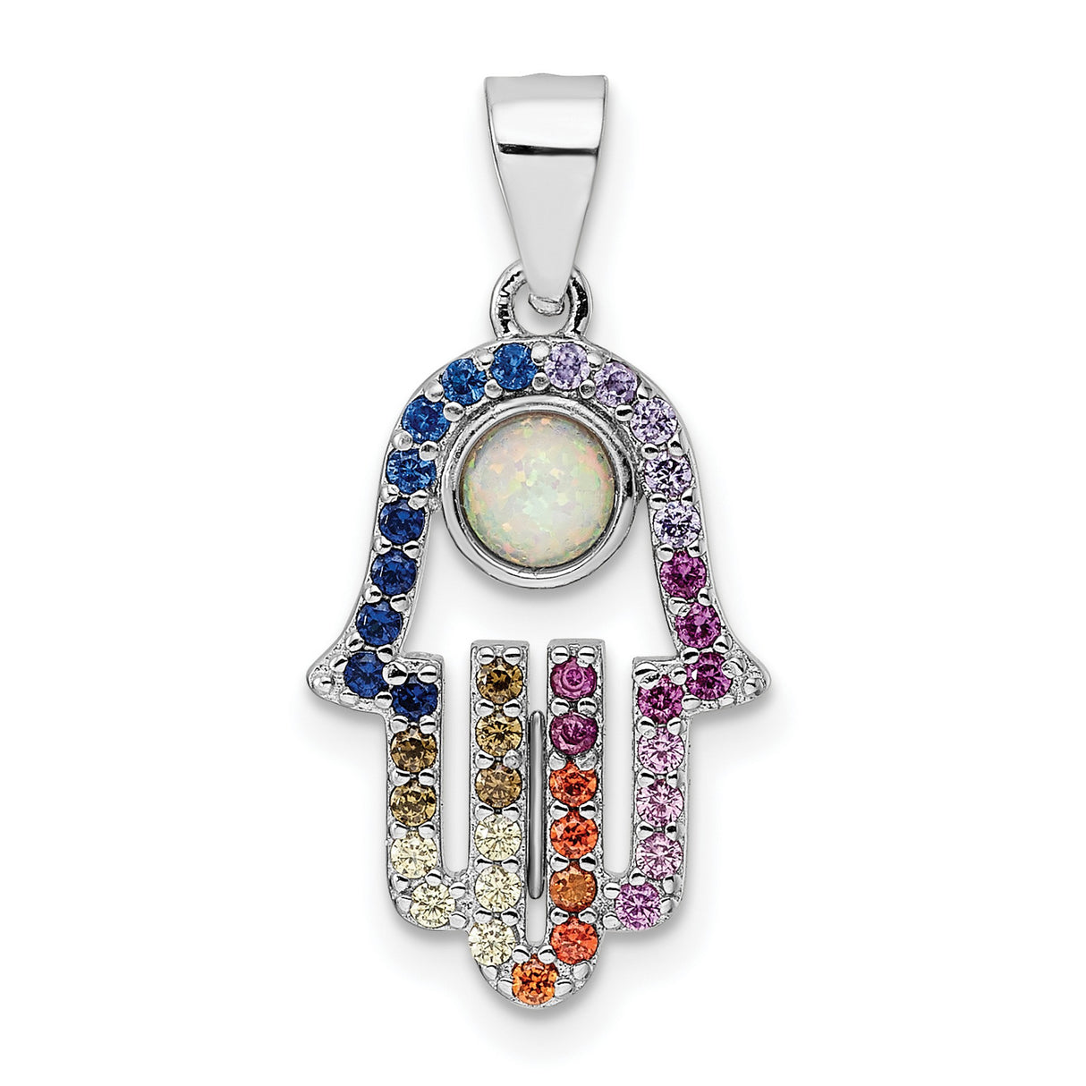 Sterling Silver Hamsa Hand Pendant with Cubic Zirconia and Opal , Spiritual Boho Jewelry for Women