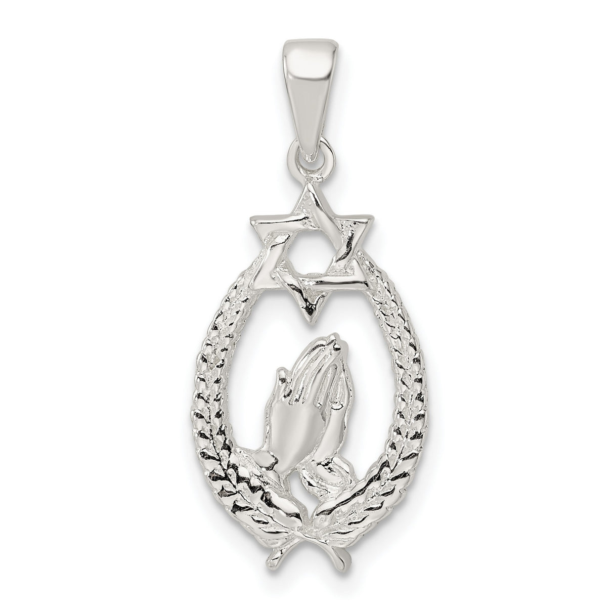 Sterling Silver Star of David Pendant with Praying Hands and Wheat Wreath, Unisex Judaica Jewelry