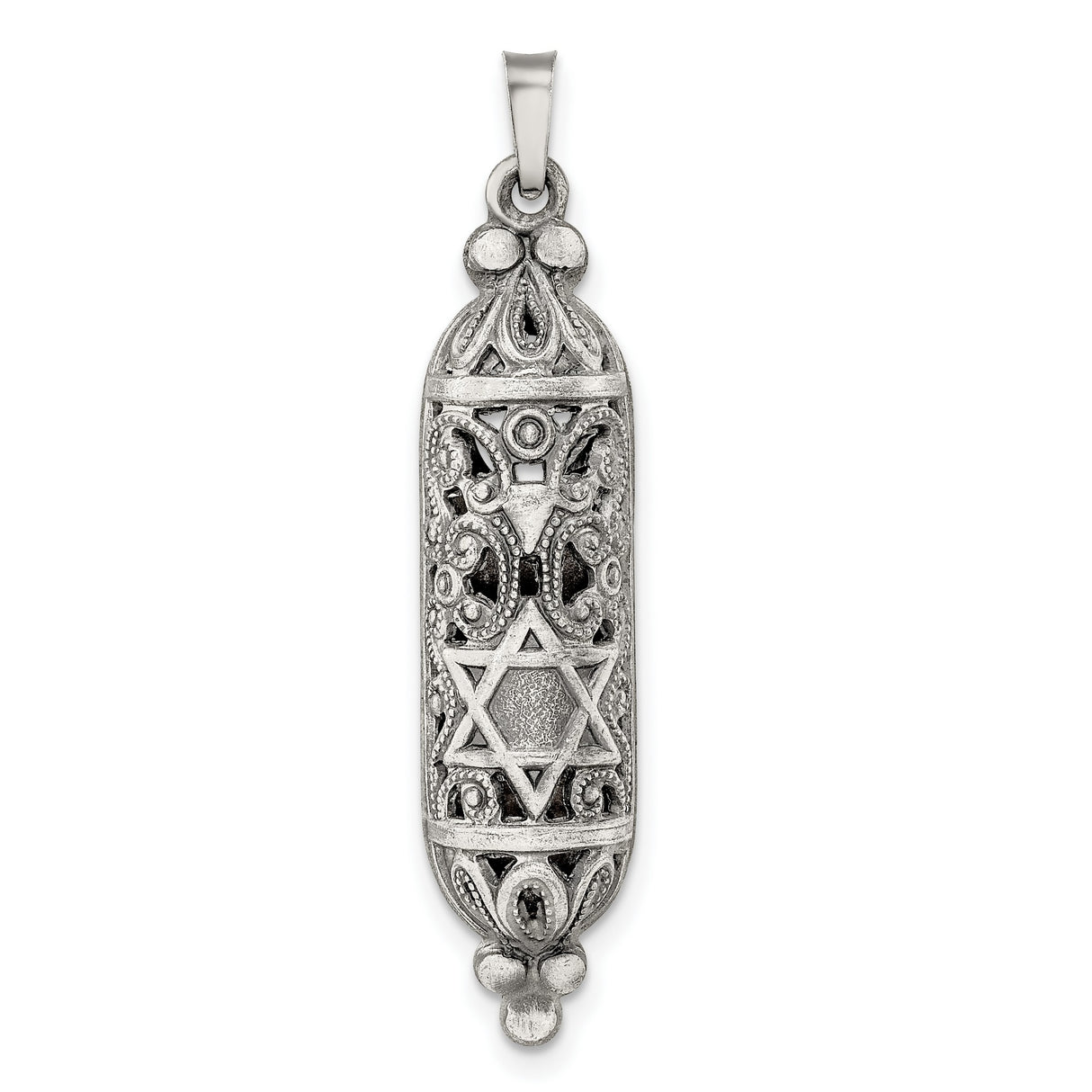 Sterling Silver Mezuzah Pendant with Filigree Detailing and Star of David Symbol