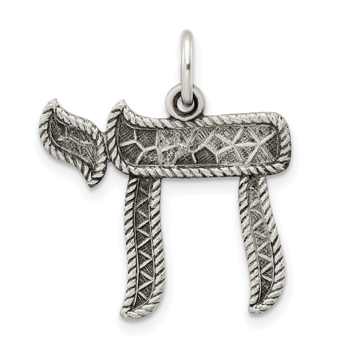 Sterling Silver Chai Pendant with Textured Detailing, Jewish Symbol of Life