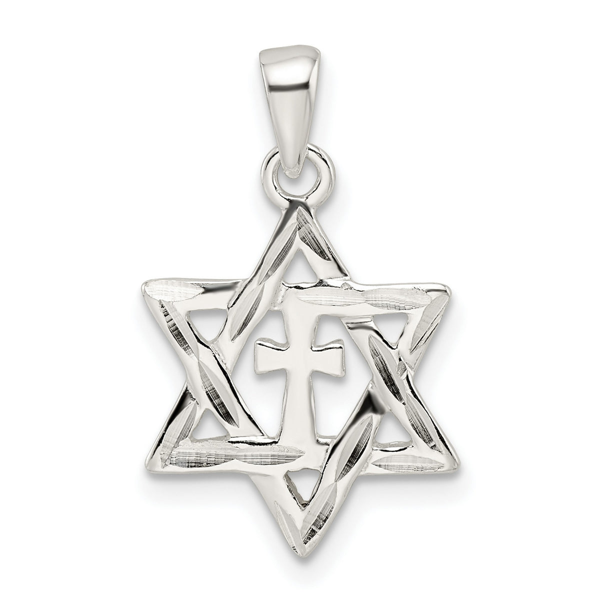 Sterling Silver Cross Pendant with Star of David Symbol and Polished Faith Design
