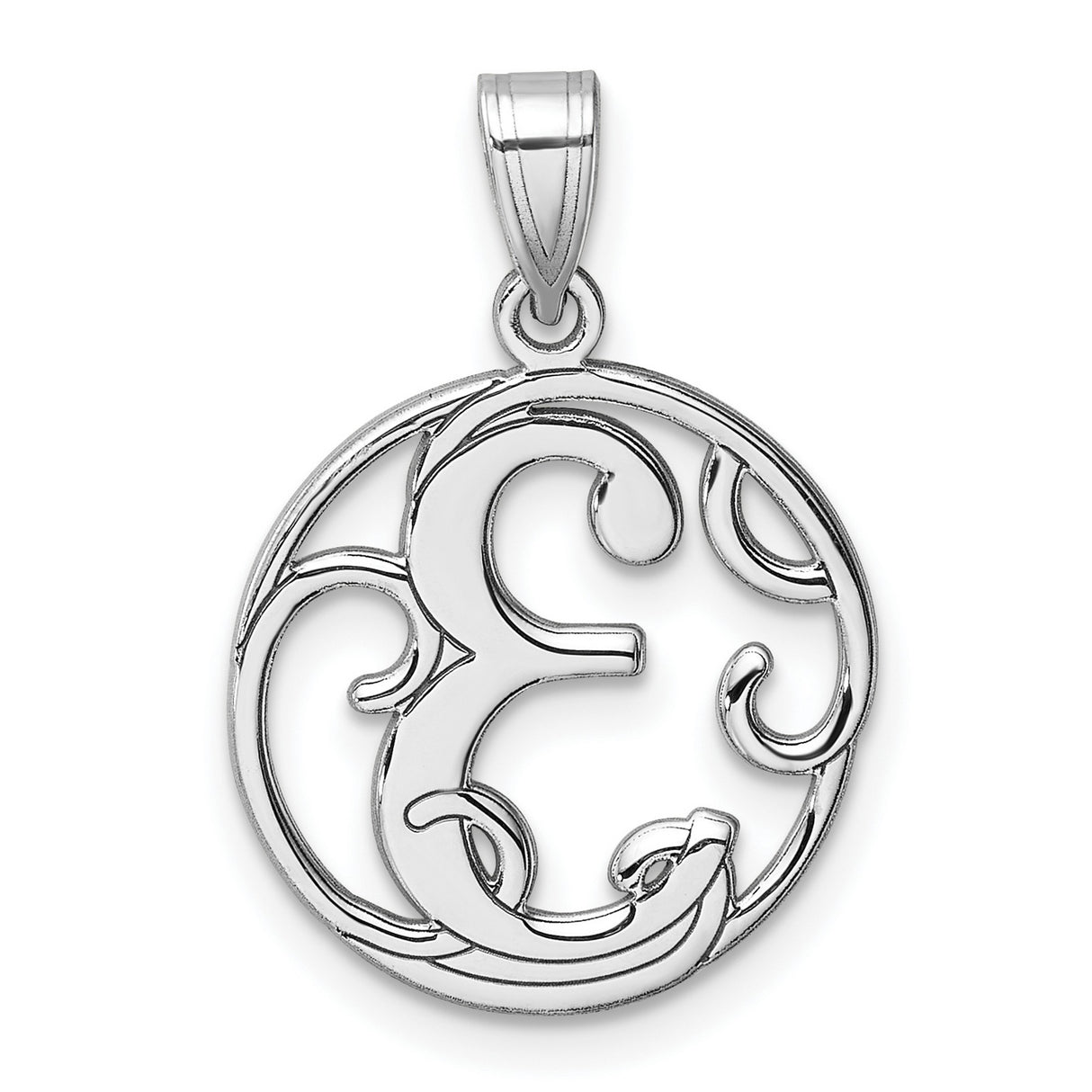 Sterling Silver Initial E Pendant, Script Letter Charm with Circular Filigree Design