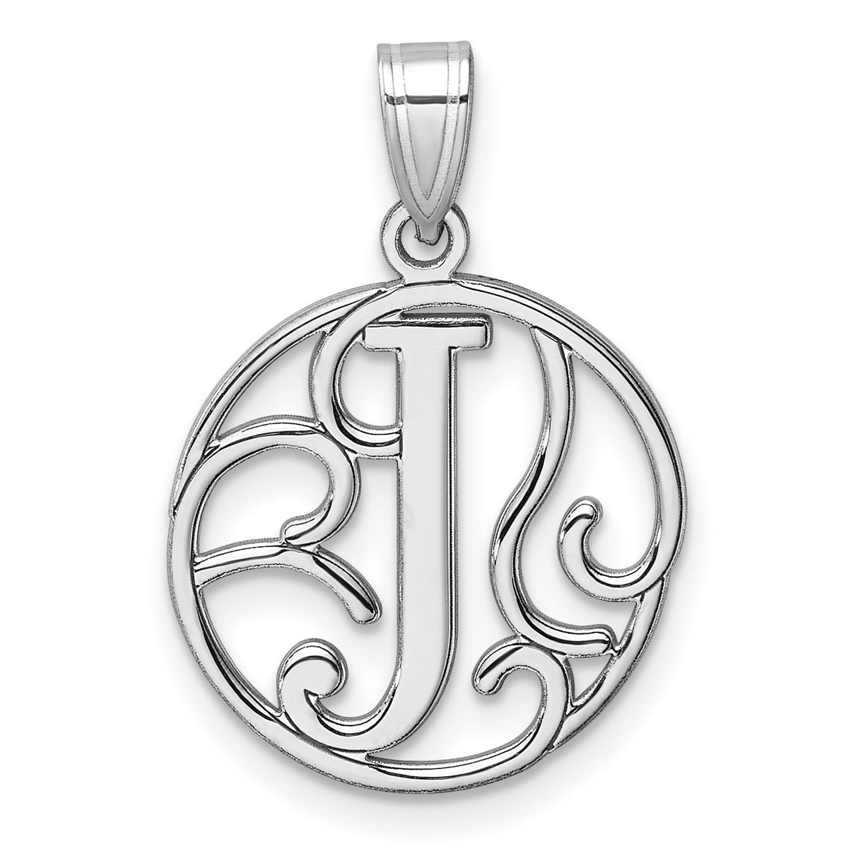 Sterling Silver Initial J Pendant, Script Letter Monogram Charm with Scroll Design