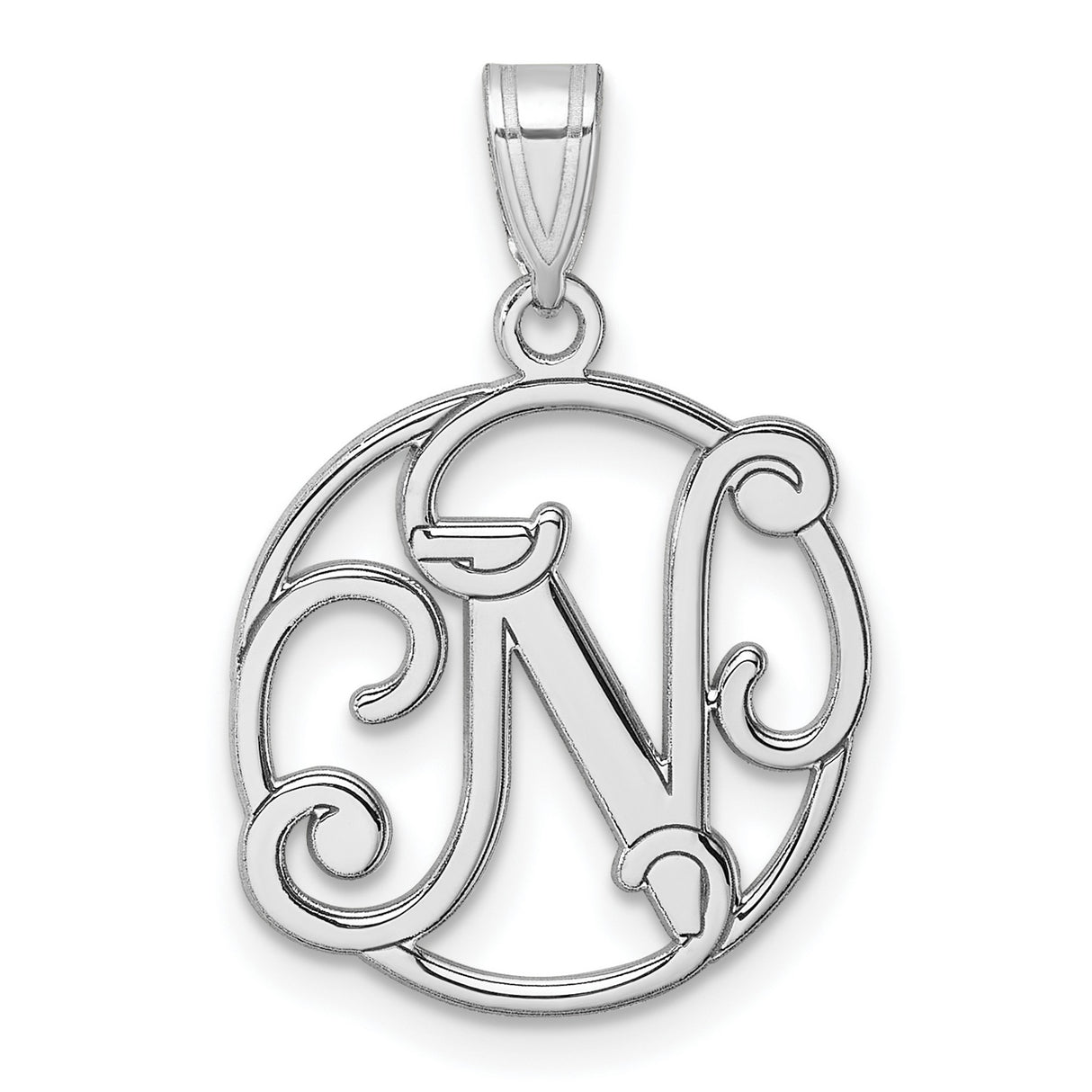 Sterling Silver Monogram Pendant with Script Letter N in Open Circle Design