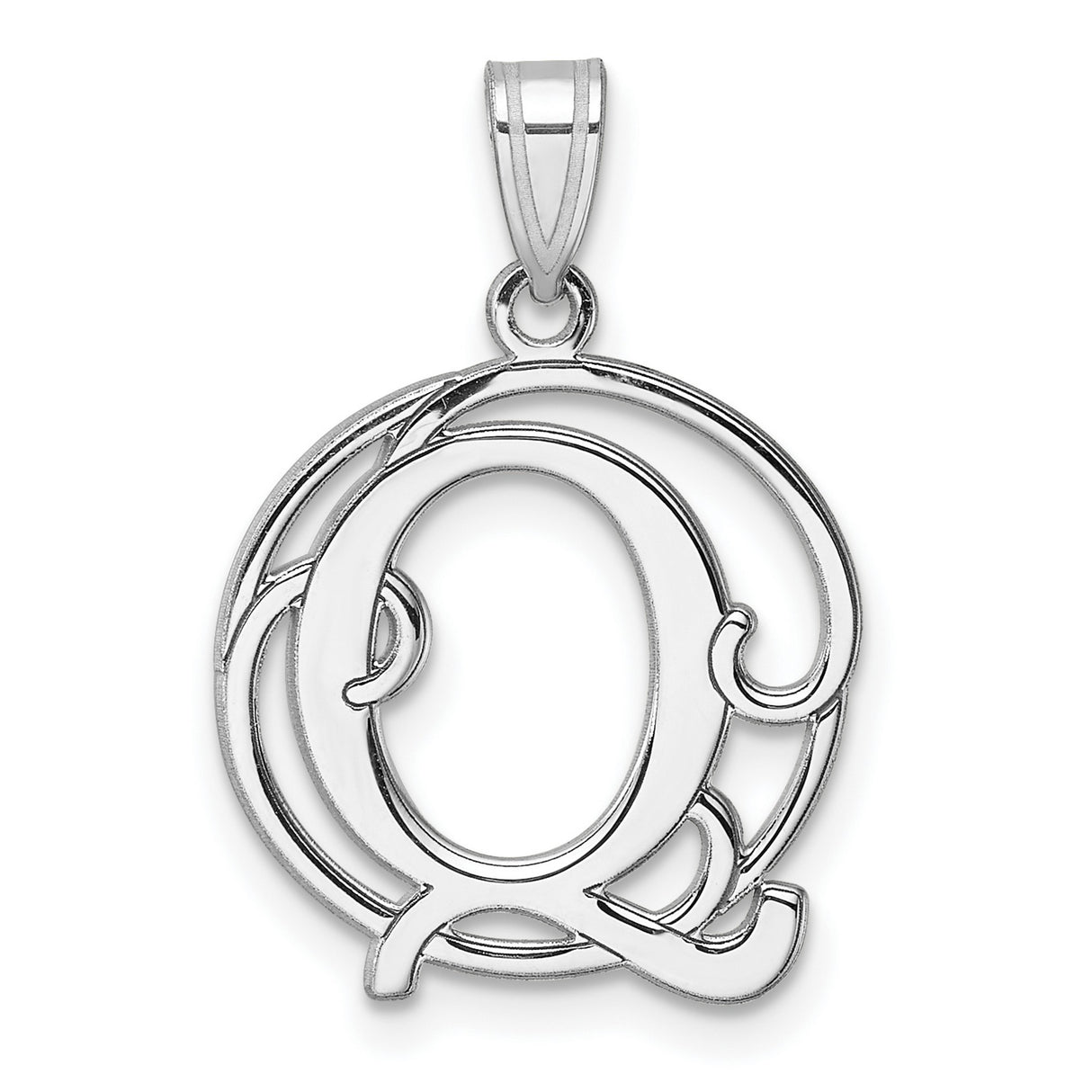 Sterling Silver Initial Pendant with Decorative Circular Frame, Script Letter Q Monogram Charm