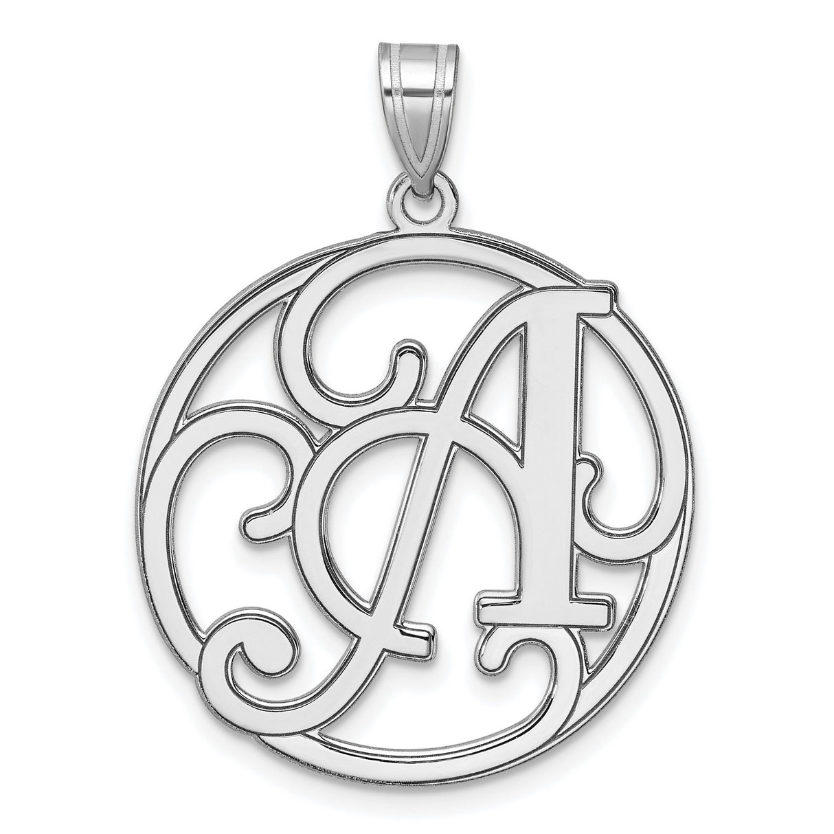 Sterling Silver Monogram Pendant, Script Letter A with Circular Filigree Design