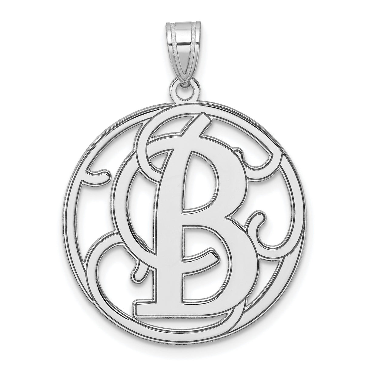 Sterling Silver Pendant, Cutout Script Letter B Monogram, Round Initial Charm for Women or Unisex Wear