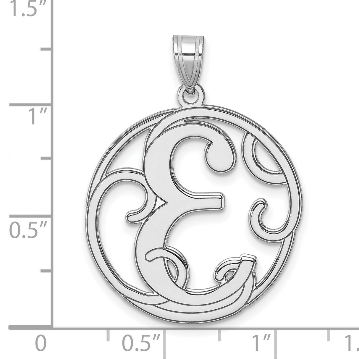 Sterling Silver Initial Pendant with Cut-Out Script Letter E and Round Filigree Design