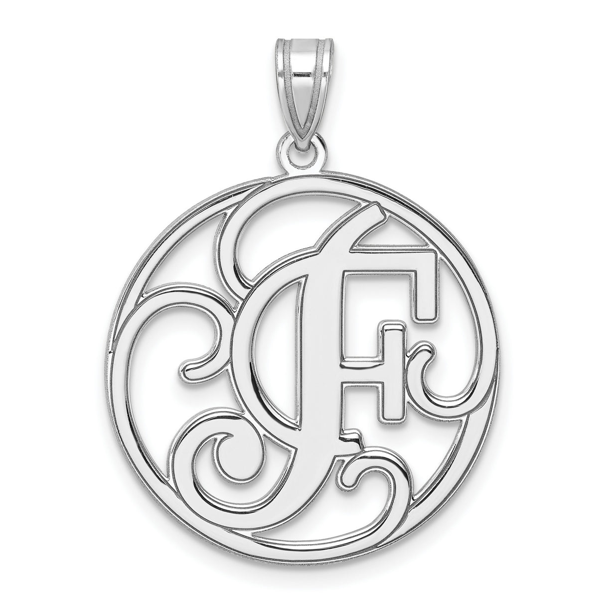 Sterling Silver Monogram Pendant with Script Letter F in Circular Frame