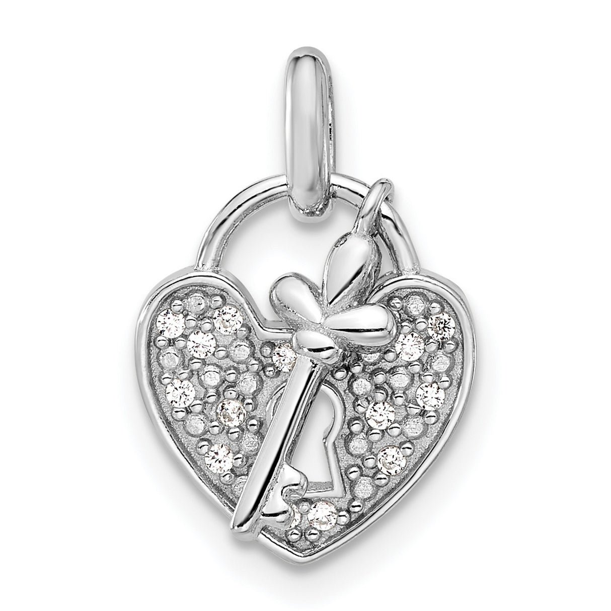 Sterling Silver Heart Key Pendant with Lock Design and Cubic Zirconia