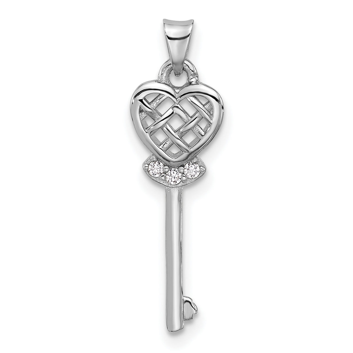 Sterling Silver Key Pendant with Cubic Zirconia, Celtic Knot Heart Design, Romantic Symbolic Jewelry