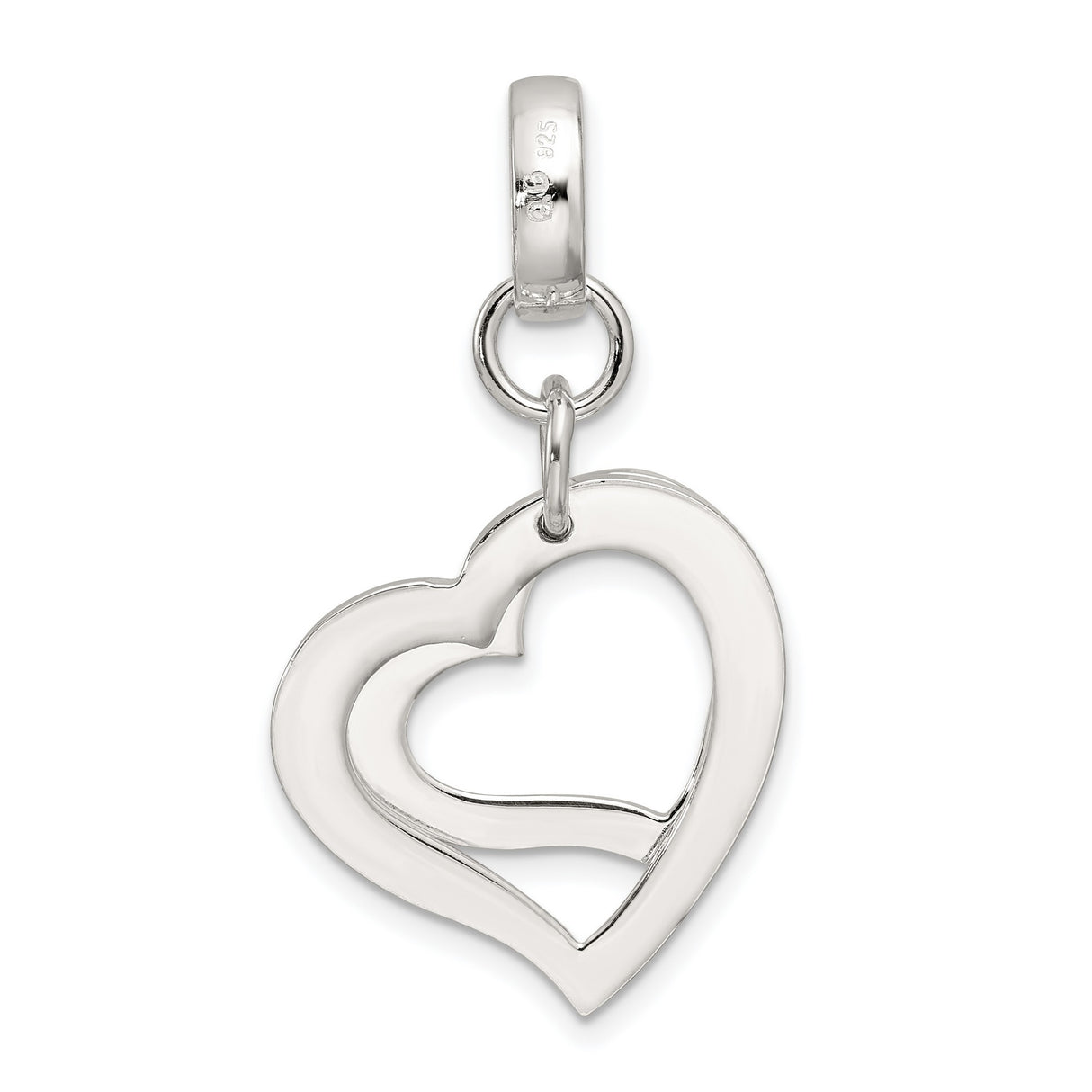 Sterling Silver Double Open Heart Pendant Charm with Polished Finish, Symbolizing Love and Connection