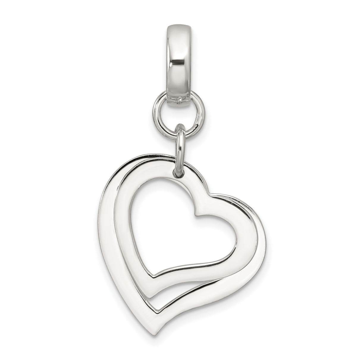 Sterling Silver Double Open Heart Pendant Charm with Polished Finish, Symbolizing Love and Connection