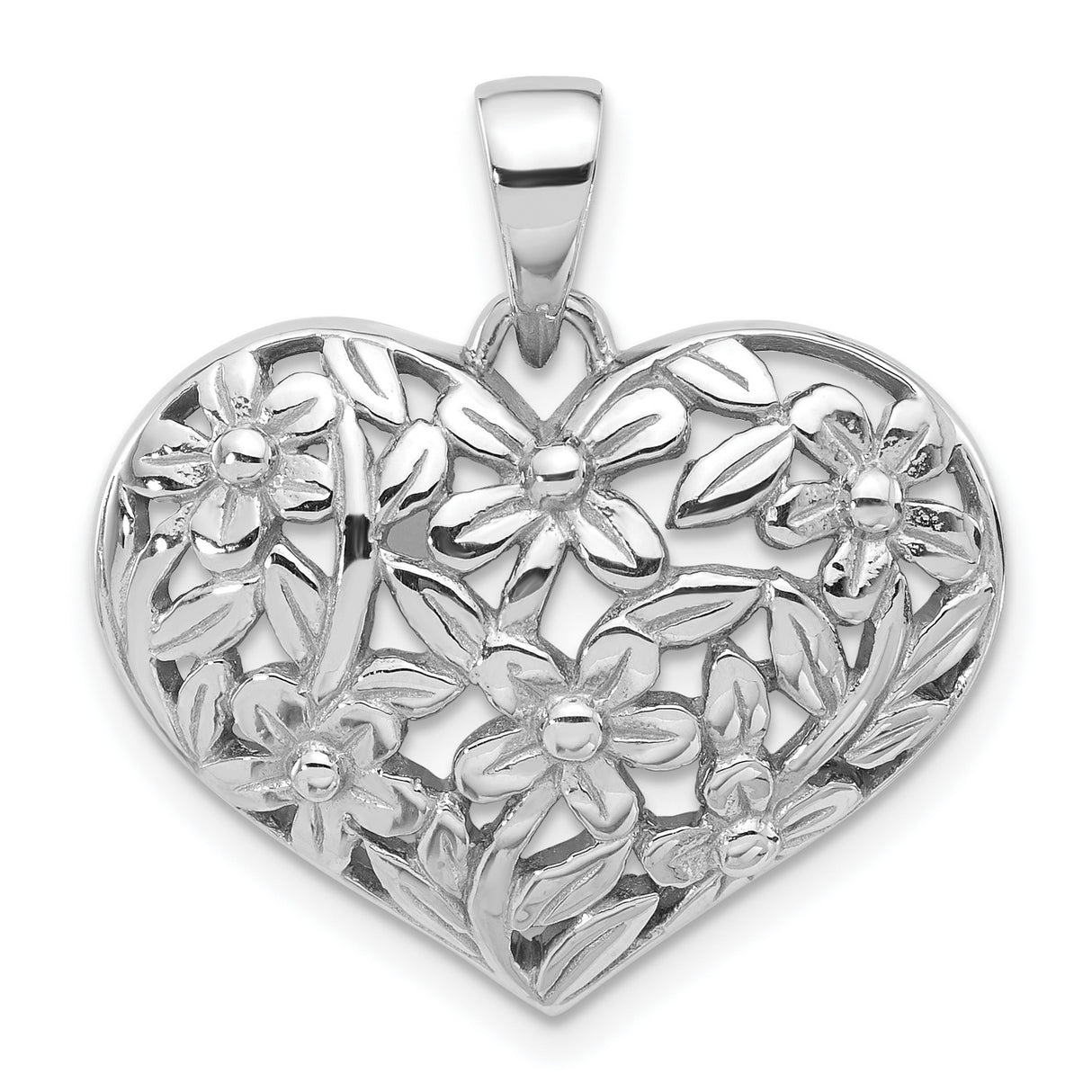 Sterling Silver Heart Pendant with Openwork Floral Vine and Flower Design for Women