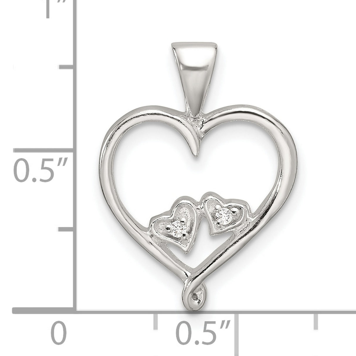 Sterling Silver Heart Pendant with Double Open Heart Design and Cubic Zirconia Accents