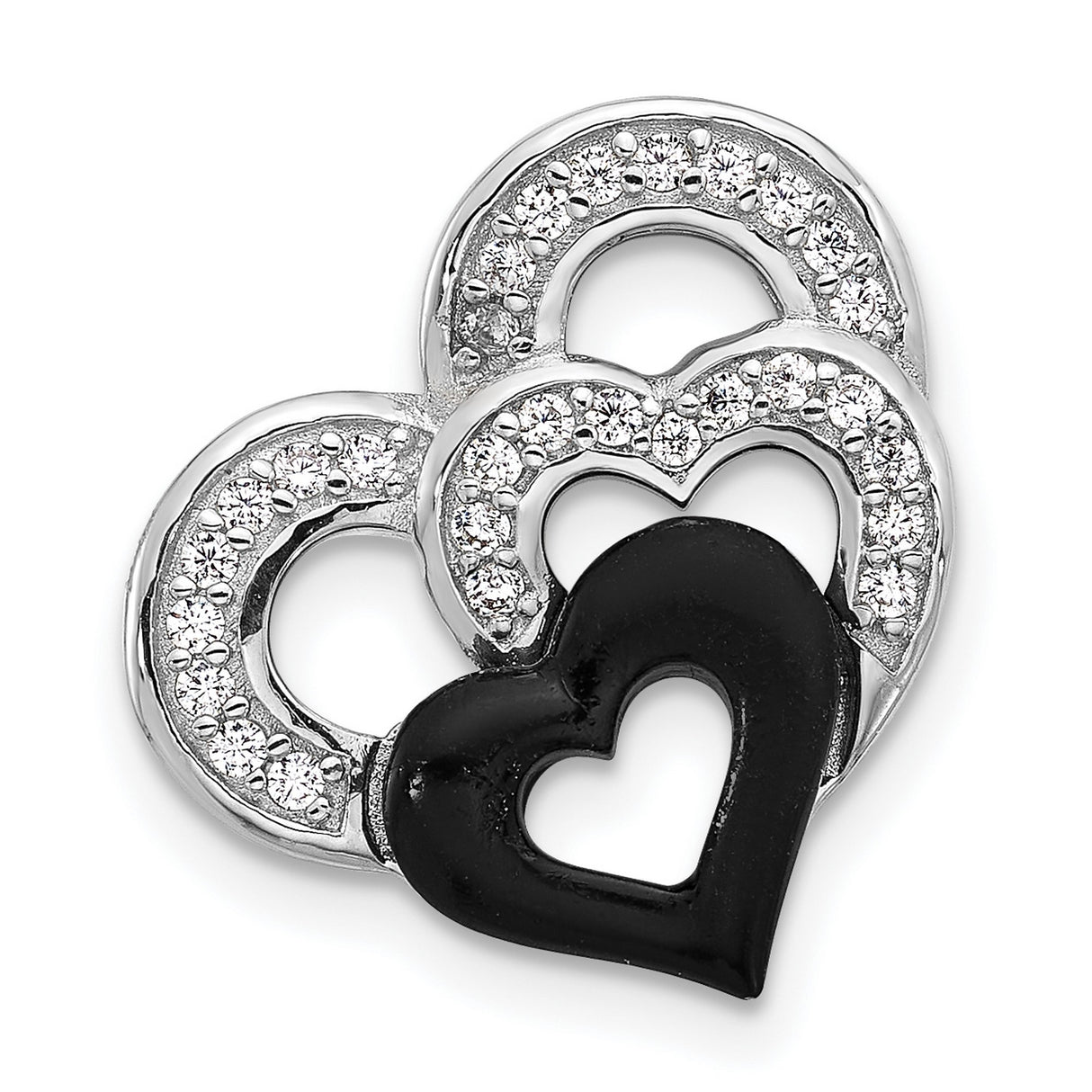 Sterling Silver Heart Pendant with Cubic Zirconia and Black Enamel Interlocking Design
