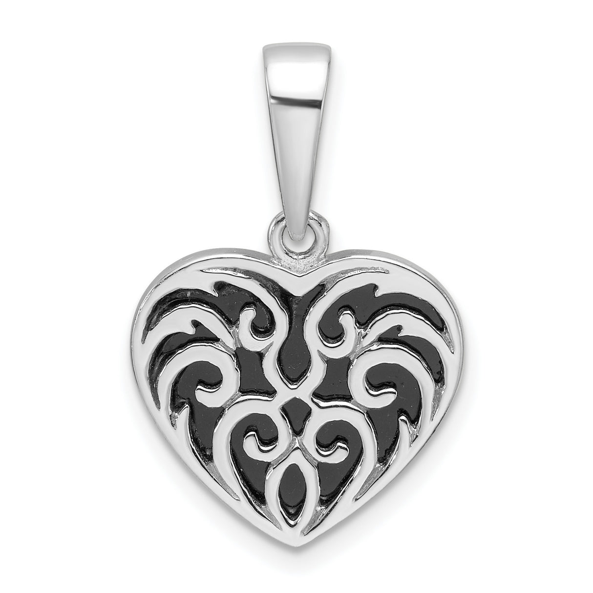 Sterling Silver Heart Pendant with Onyx, Tribal Swirl Design, Oxidized Finish