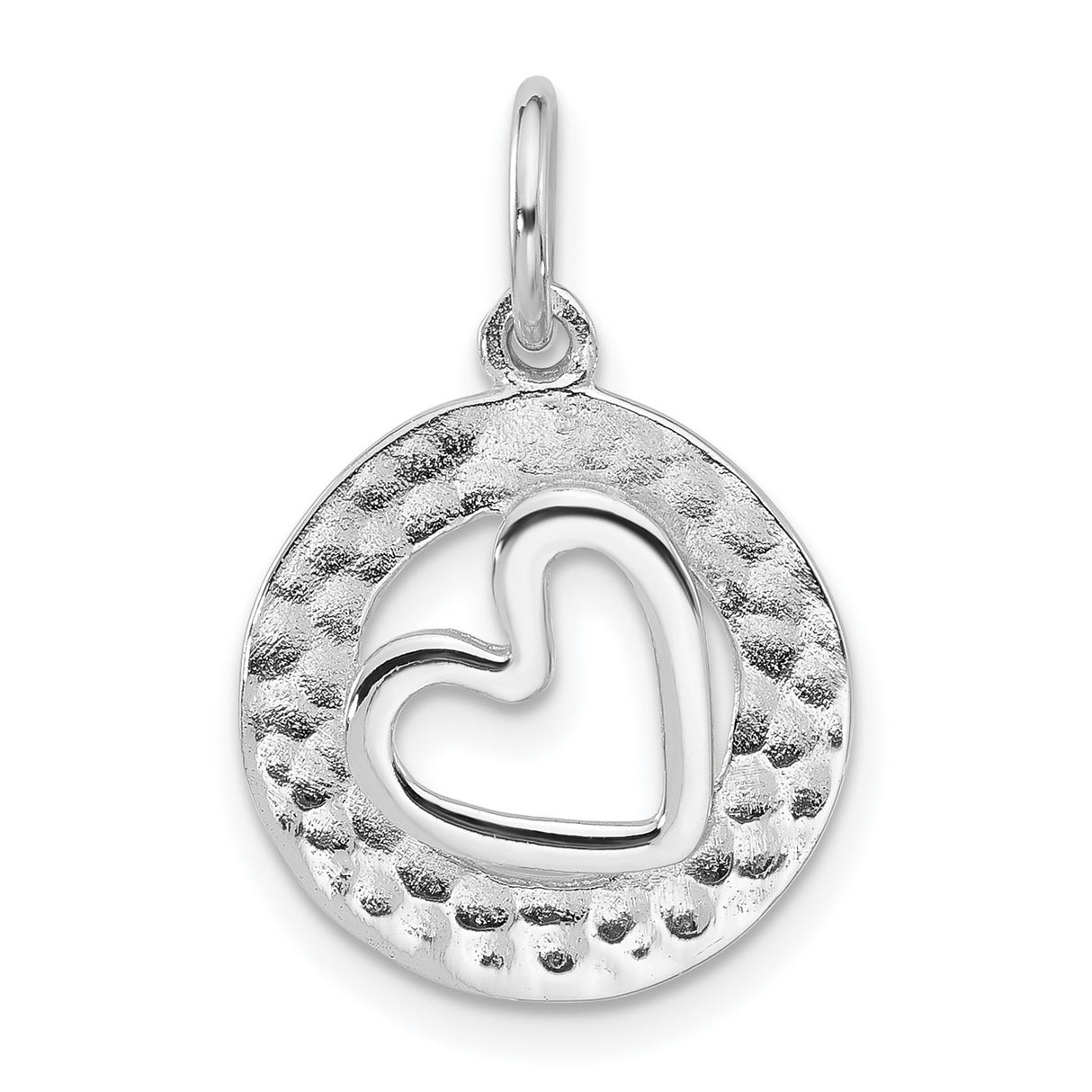 Sterling Silver Heart Pendant with Hammered Circle Frame, Open Heart Design