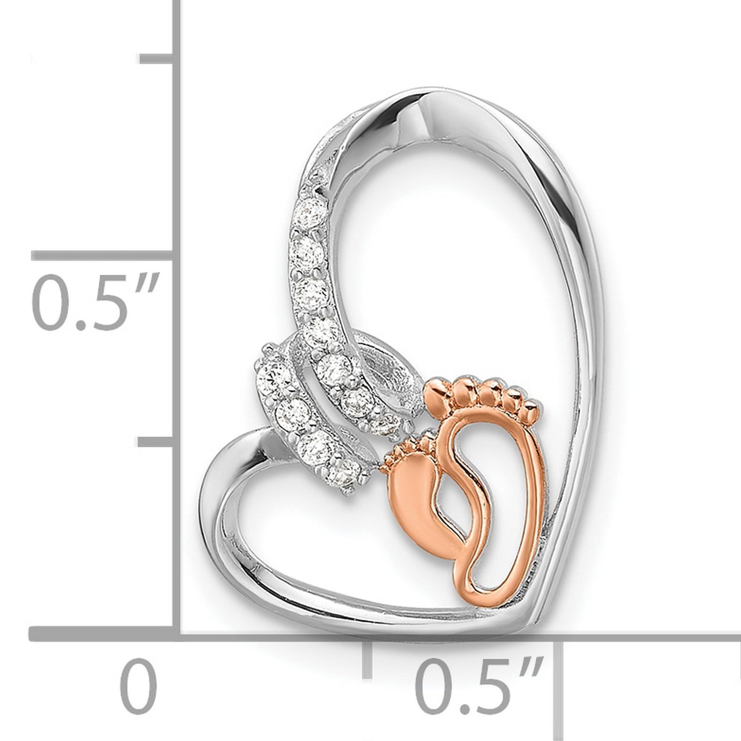 CZ Heart with Footprint Charm Pendant in Real 925 Sterling SIlver