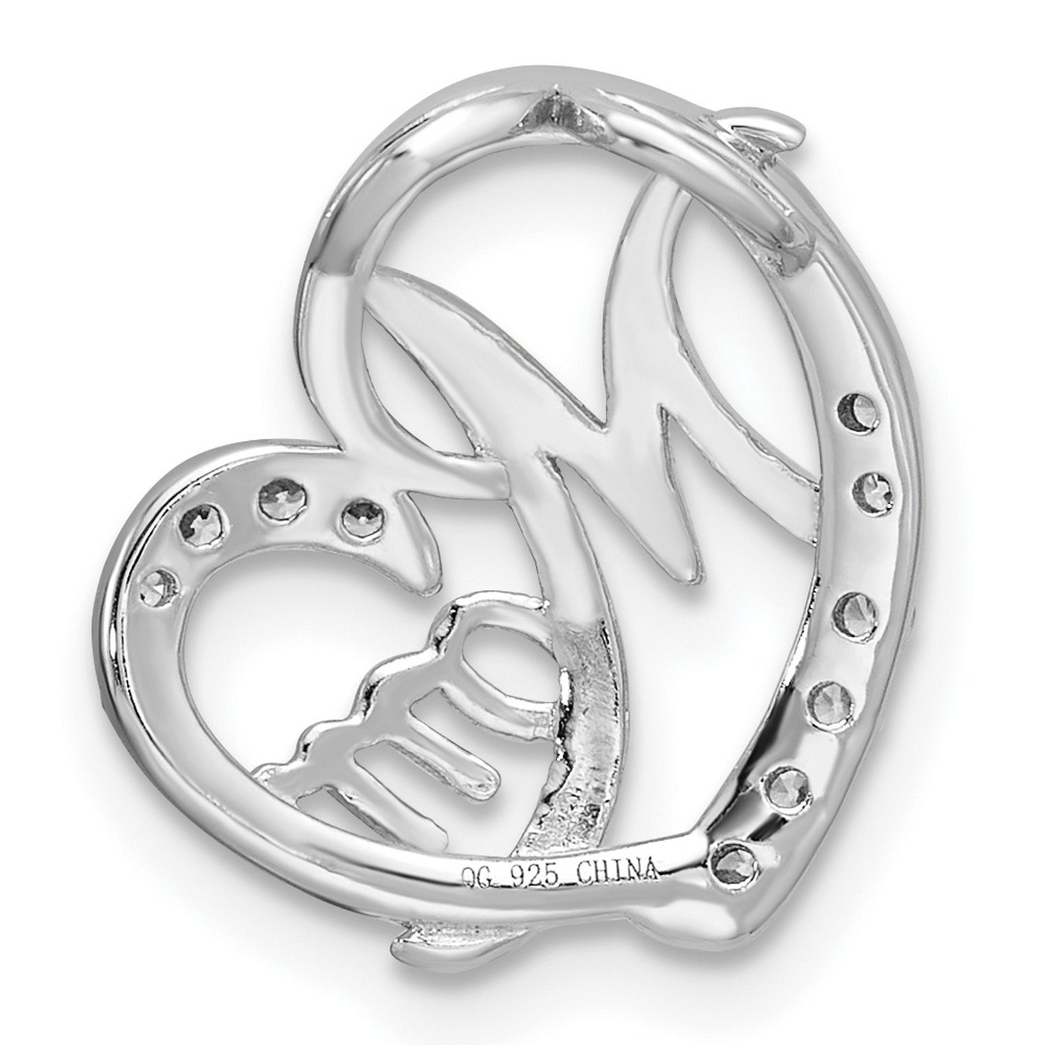 CZ Mom Heart Chain Slide Charm Pendant in Real 925 Sterling SIlver