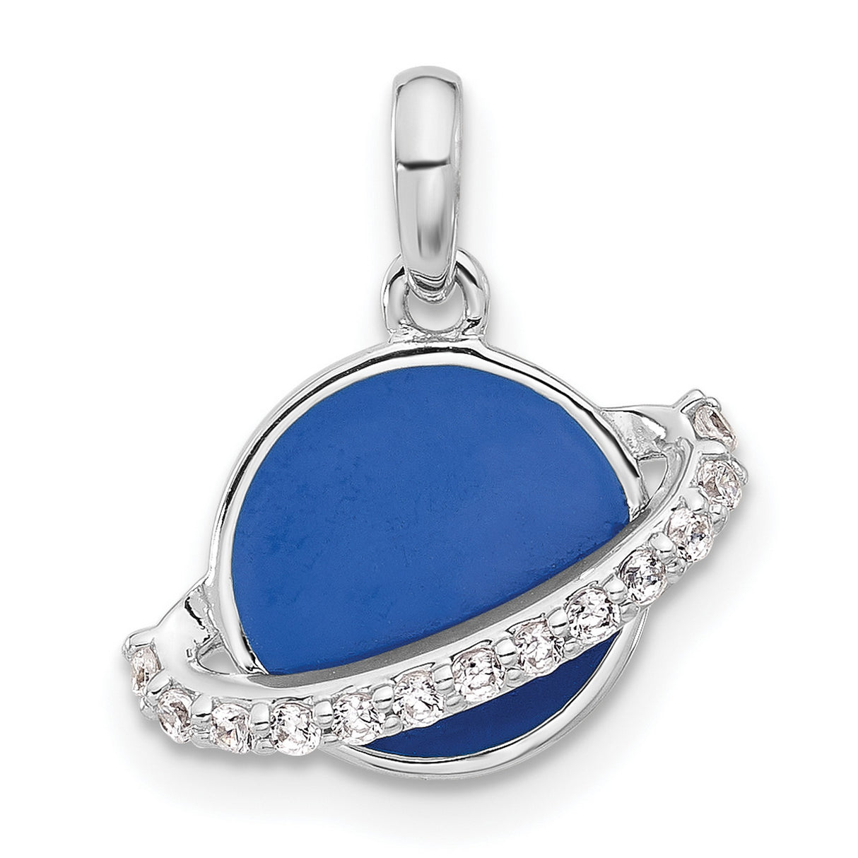 Sterling Silver Planet Pendant with Blue Enamel and Cubic Zirconia, Saturn Inspired Celestial Design