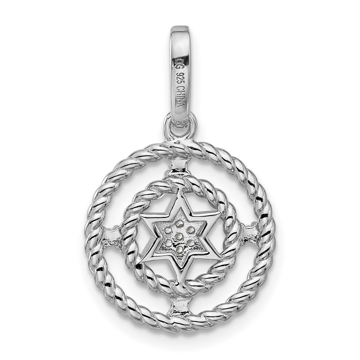 Sterling Silver Star of David Pendant with Cubic Zirconia, Twisted Rope Design