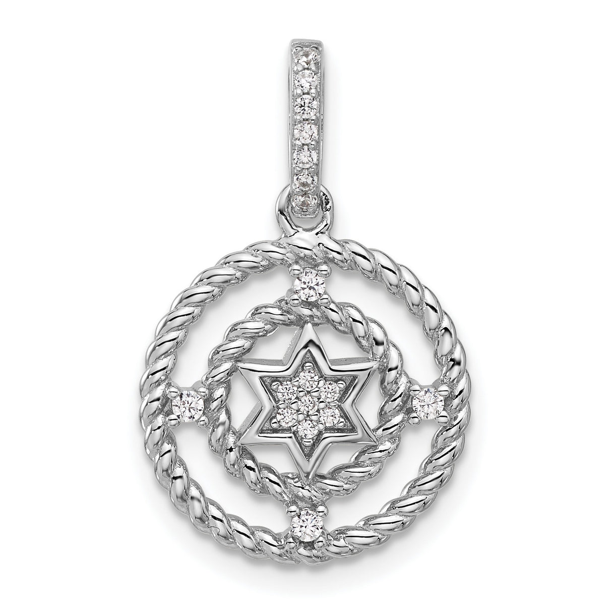 Sterling Silver Star of David Pendant with Cubic Zirconia, Twisted Rope Design