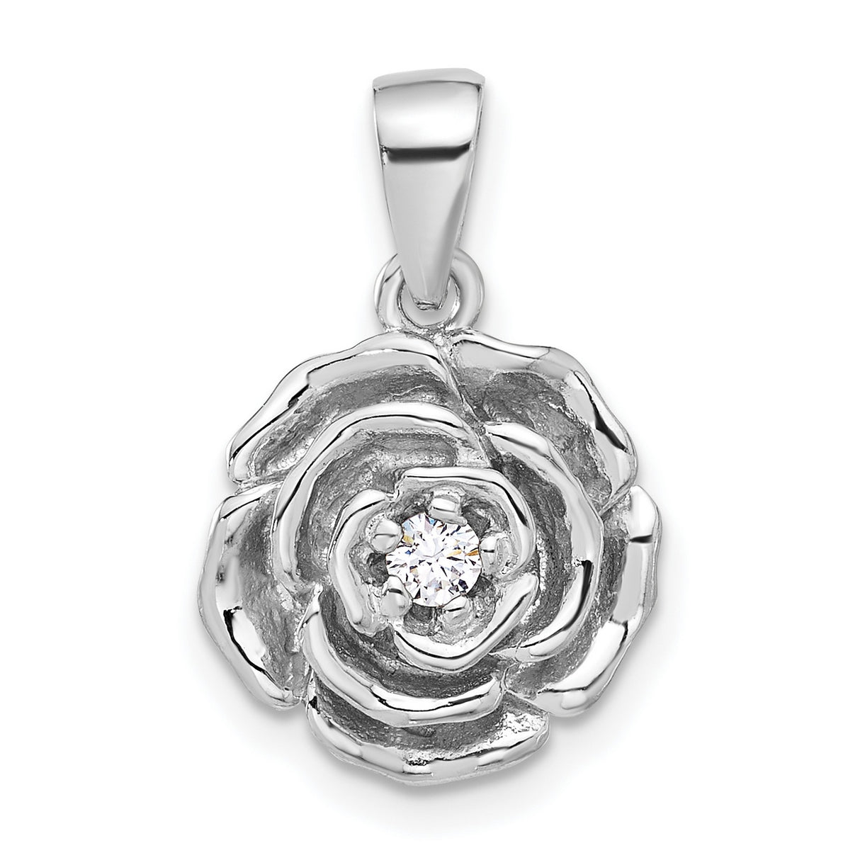 Sterling Silver Rose Flower Pendant with Cubic Zirconia Center, Romantic Floral Design