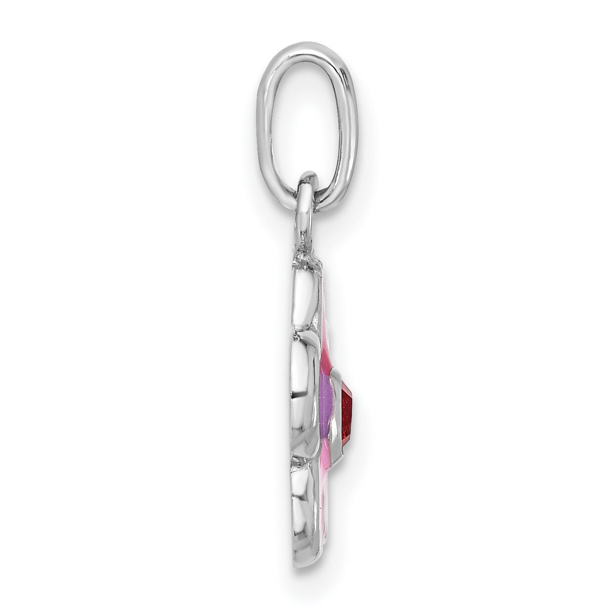 Sterling Silver Flower Charm Pendant with Pink Enamel and Red Crystal Center