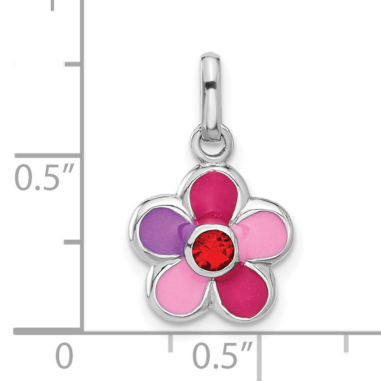 Sterling Silver Flower Charm Pendant with Pink Enamel and Red Crystal Center