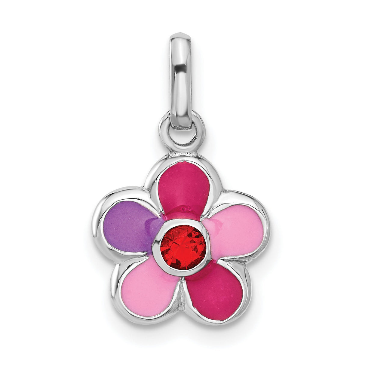 Sterling Silver Flower Charm Pendant with Pink Enamel and Red Crystal Center