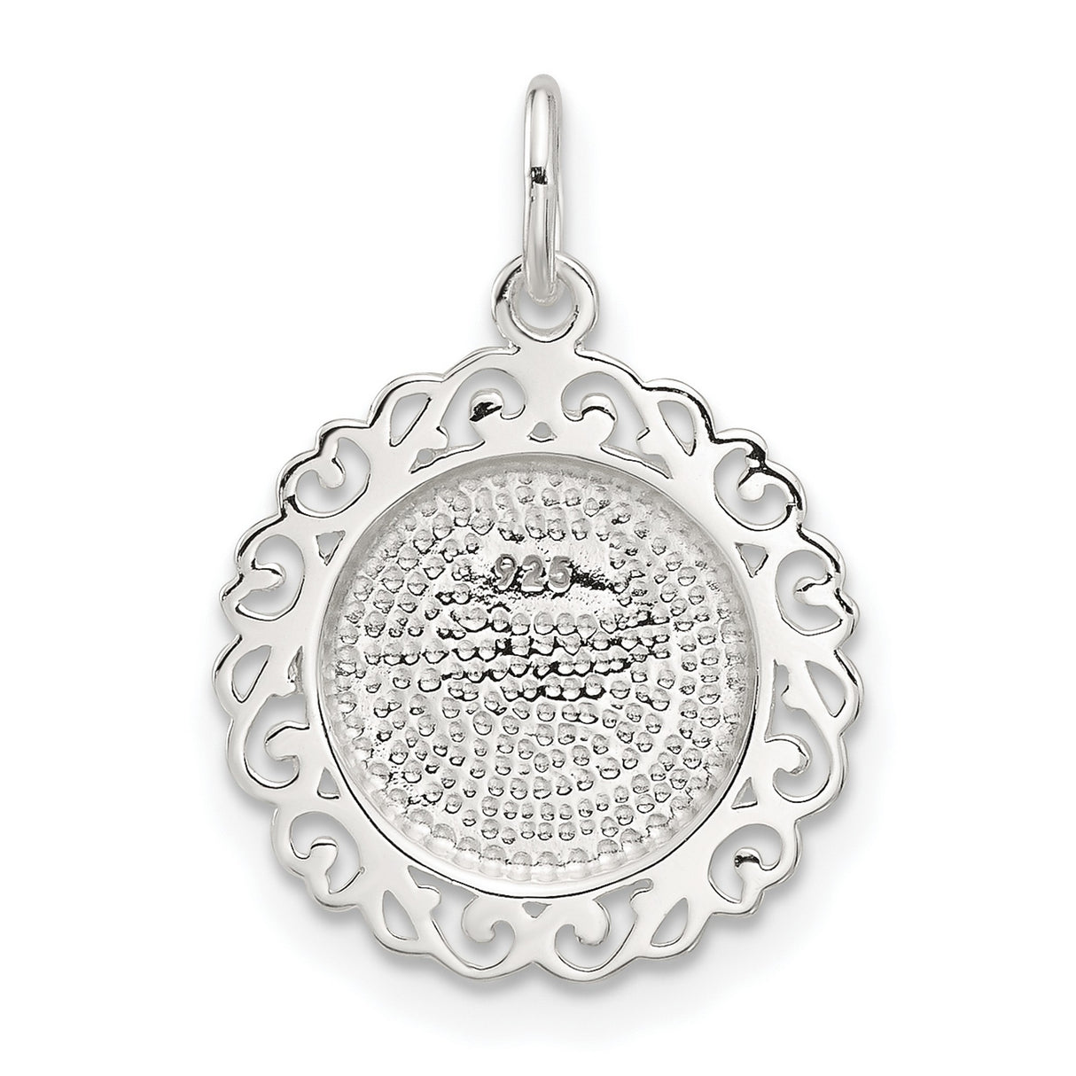 Sterling Silver Rose Pendant with Ornate Filigree Border and Raised Floral Design