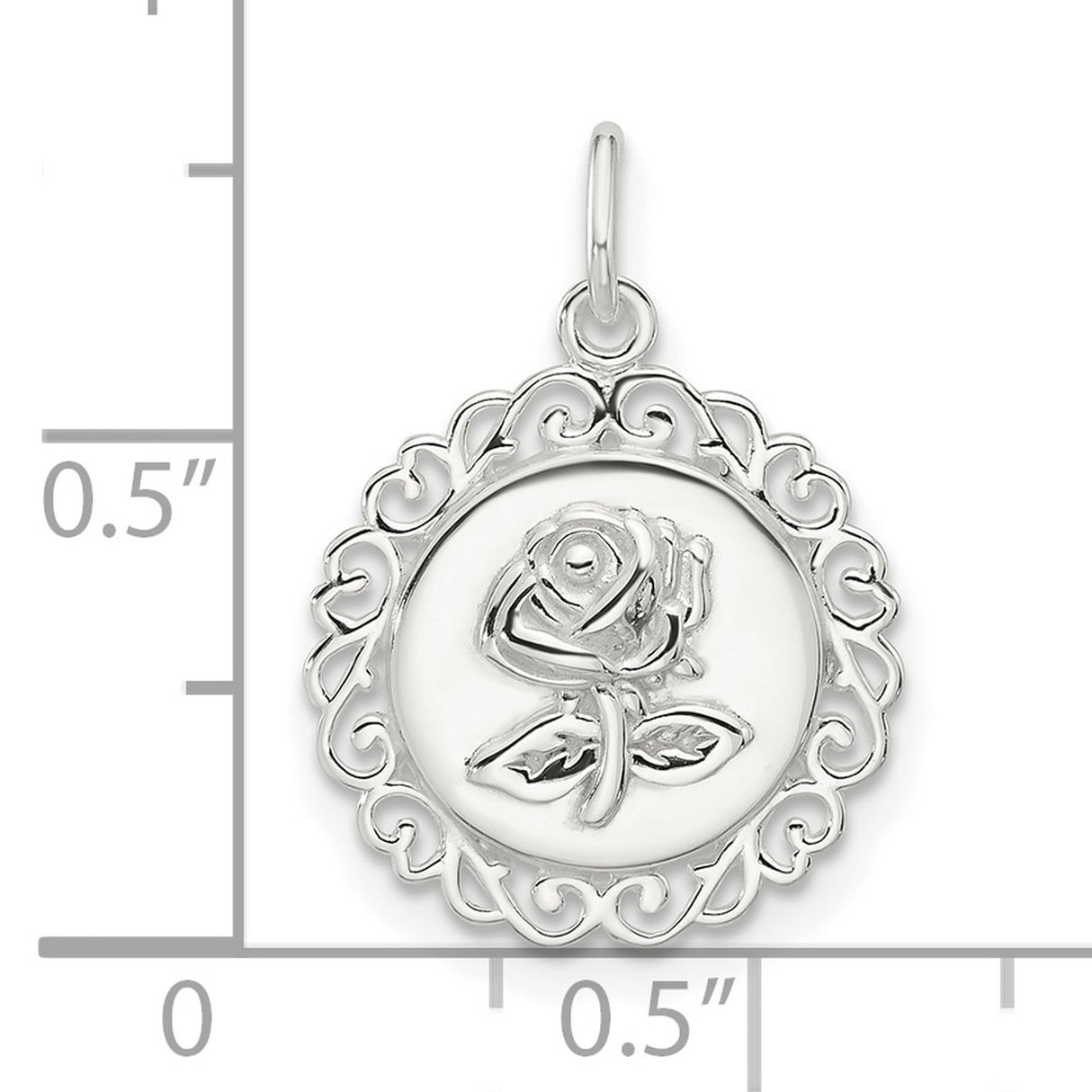 Sterling Silver Rose Pendant with Ornate Filigree Border and Raised Floral Design