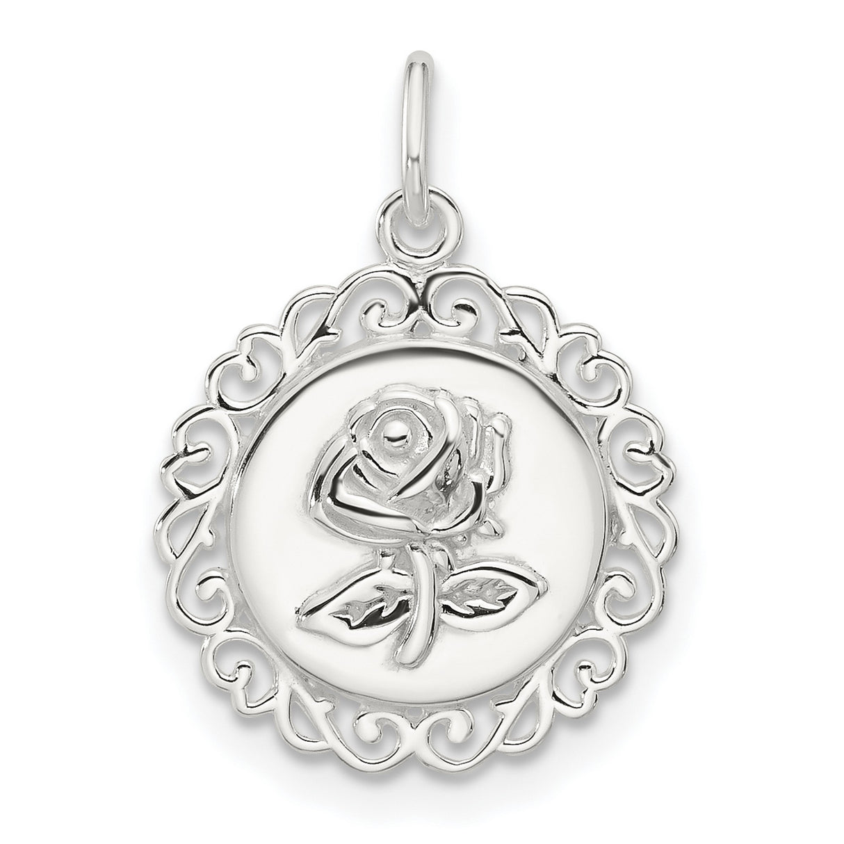 Sterling Silver Rose Pendant with Ornate Filigree Border and Raised Floral Design