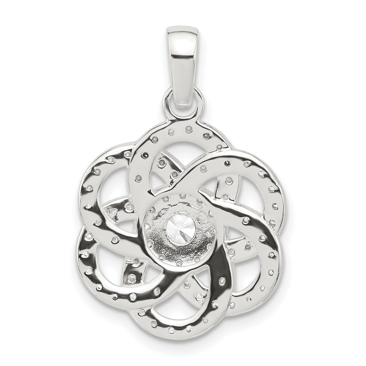 Sterling Silver Flower Pendant with Cubic Zirconia, Interwoven Petal Loop Design