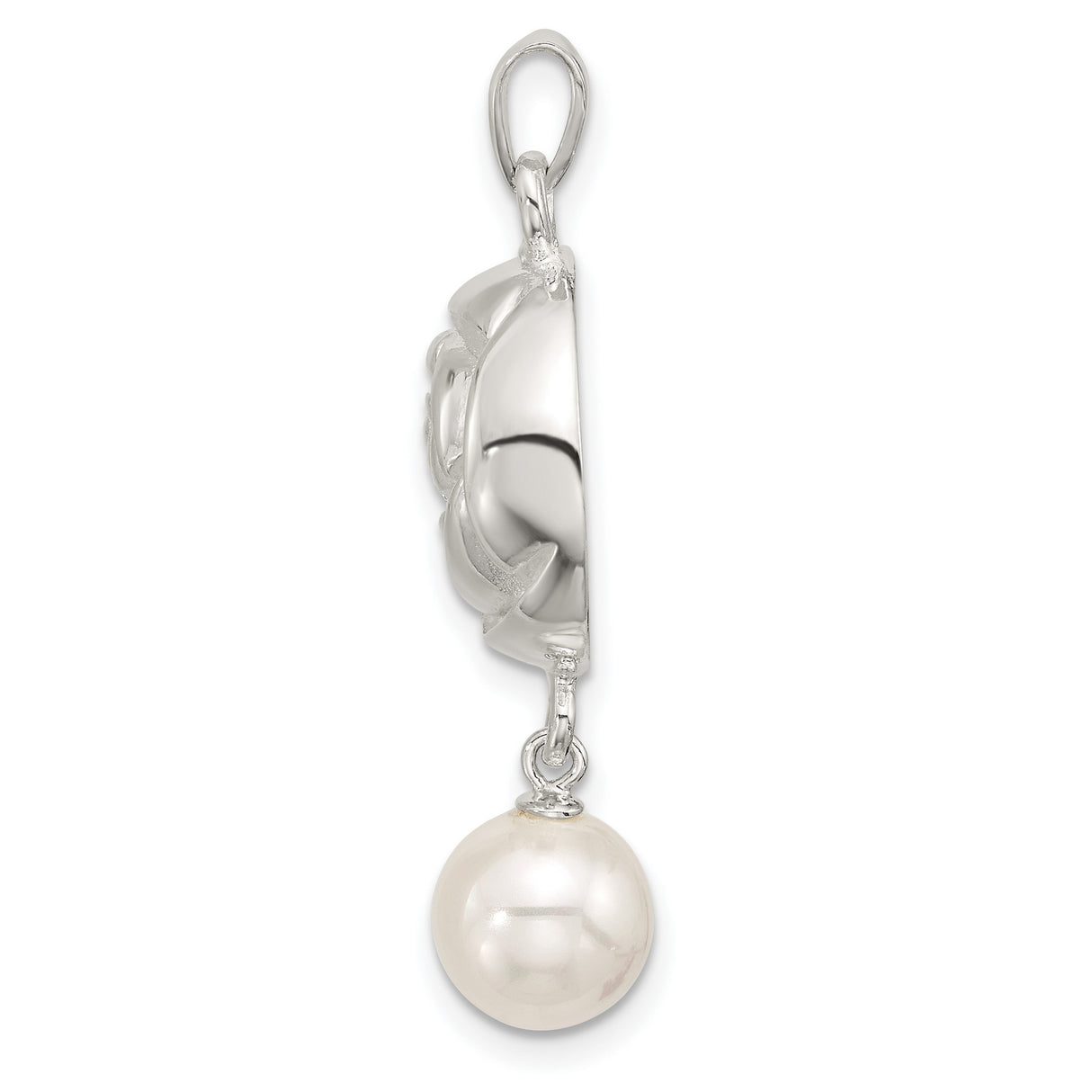 Sterling Silver Rose Pendant with Dangling White Pearl and Openwork Floral Design for Women