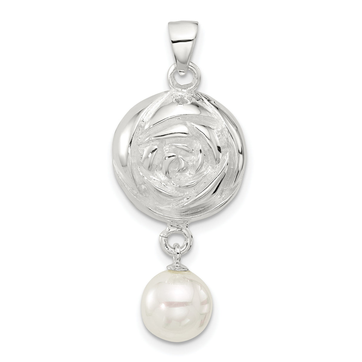 Sterling Silver Rose Pendant with Dangling White Pearl and Openwork Floral Design for Women